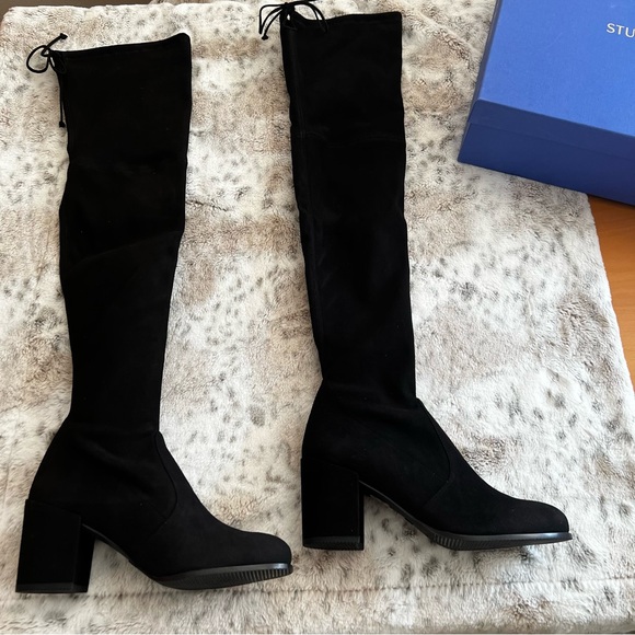 NIB Stuart Weitzman TIELAND Over Knee Suede Black Thigh High Boots w Heel Sz 8.5 - Picture 4 of 16